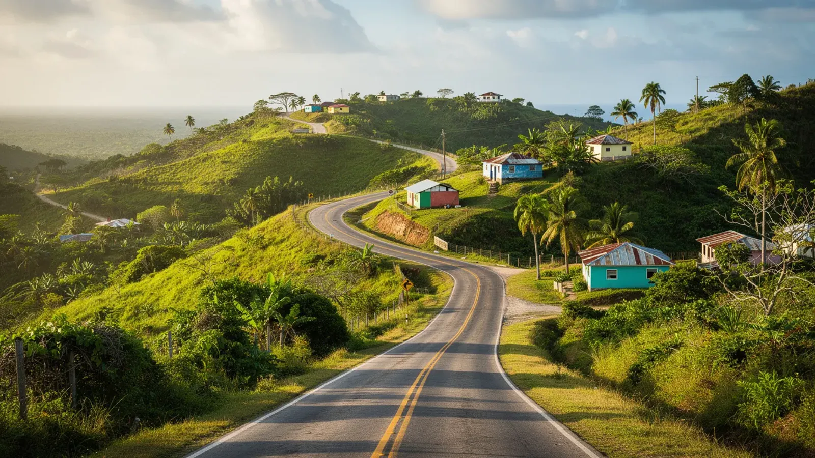A scenic two-lane road winding through the lush green hills of the Dominican Republic, dotted with colorful houses