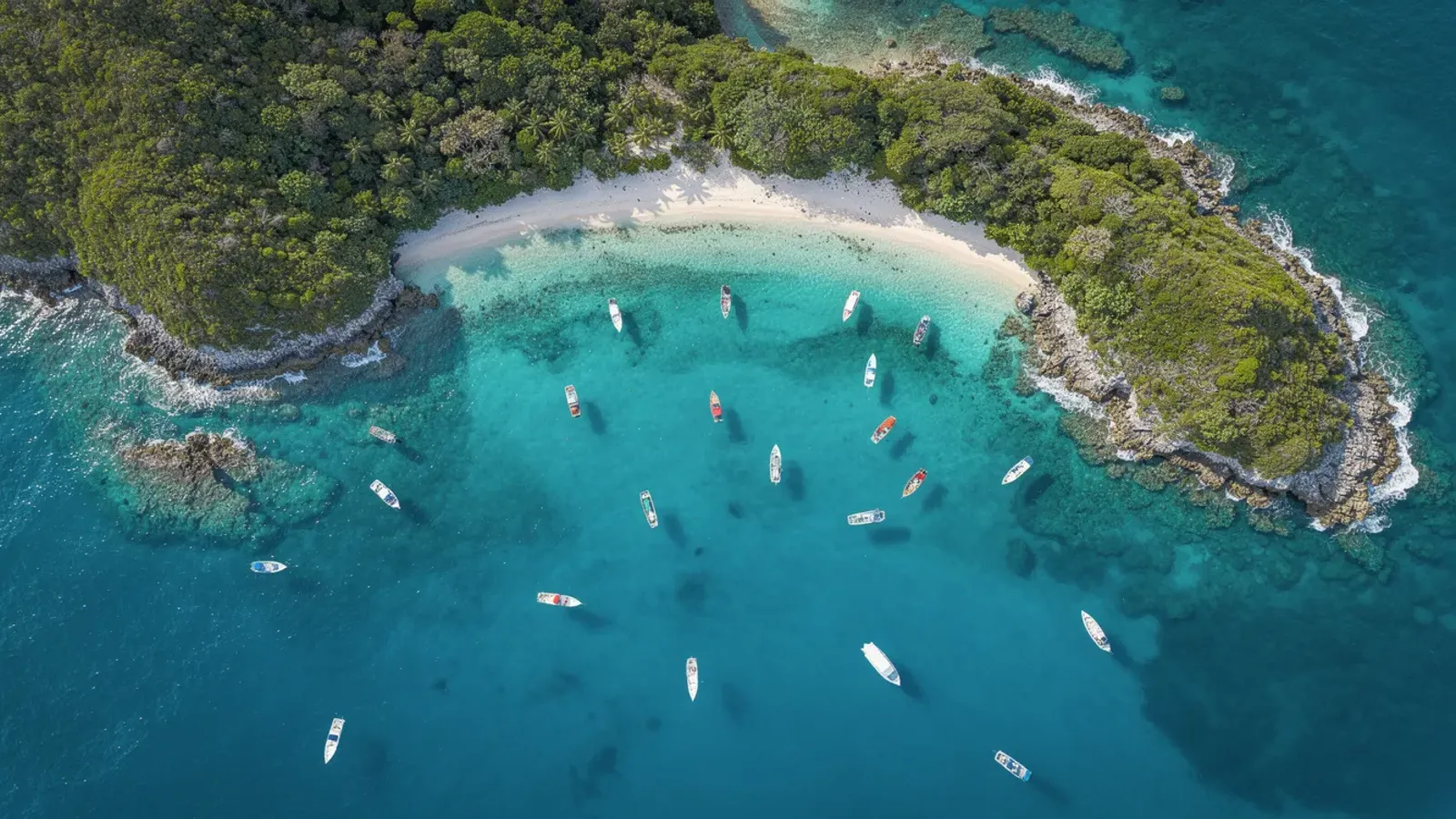 Aerial view of a turquoise Dominican bay with small boats anchored near a forested cove