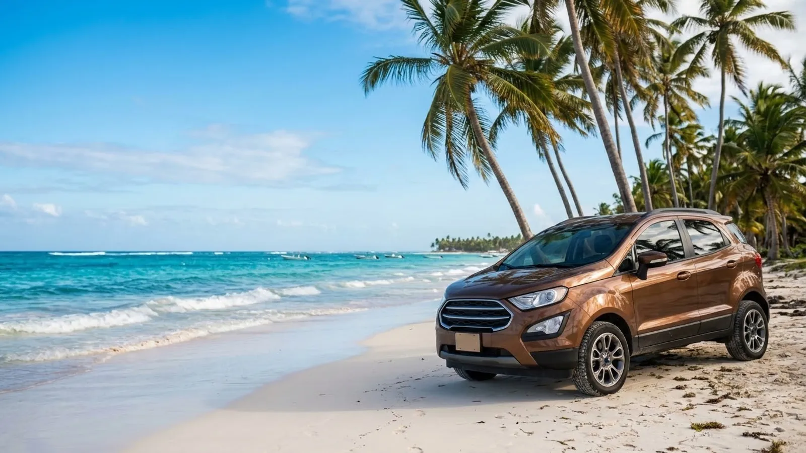 A brown SUV parked on a sandy Dominican beach lined with swaying palm trees and turquoise water