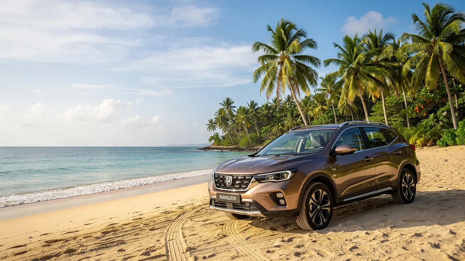 A brown SUV parked on a sandy Dominican beach surrounded by palm trees and turquoise water