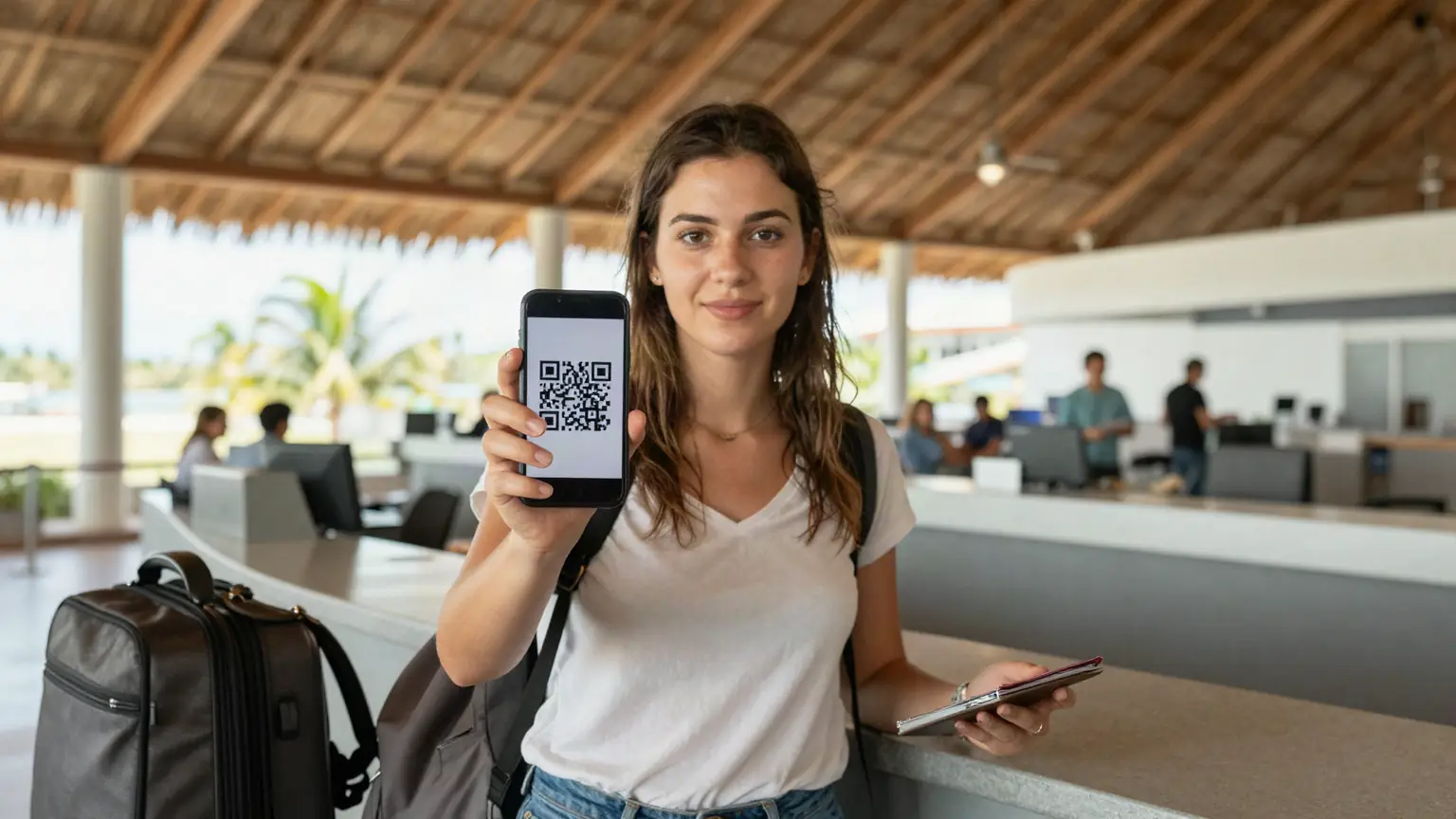 A traveller at an airline check-in desk in an open-air Caribbean airport terminal, holding up a phone that shows her E-Ticket QR code (AI-generated illustration)