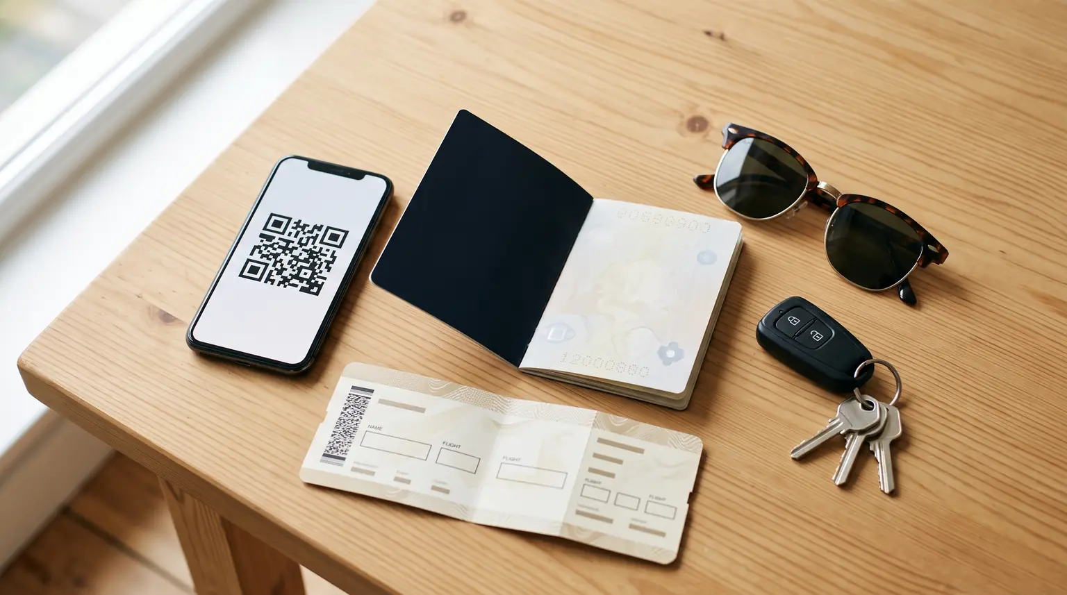 A phone showing the E-Ticket QR code next to an open passport, a boarding pass and car keys on a table the evening before a flight