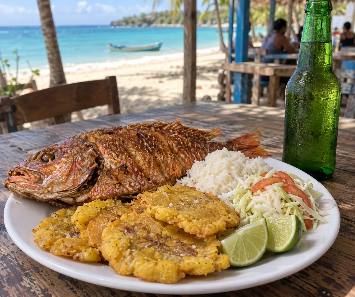 Whole fried red snapper with tostones, white rice, cabbage and tomato salad and lime wedges, next to a cold beer bottle at a Dominican beach shack