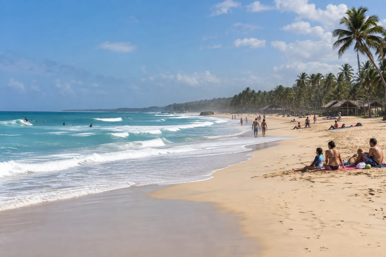 Wide public surf beach with coconut palms, surfers on the left and local families on the sand, typical of Playa Macao near Punta Cana (AI-generated illustration)