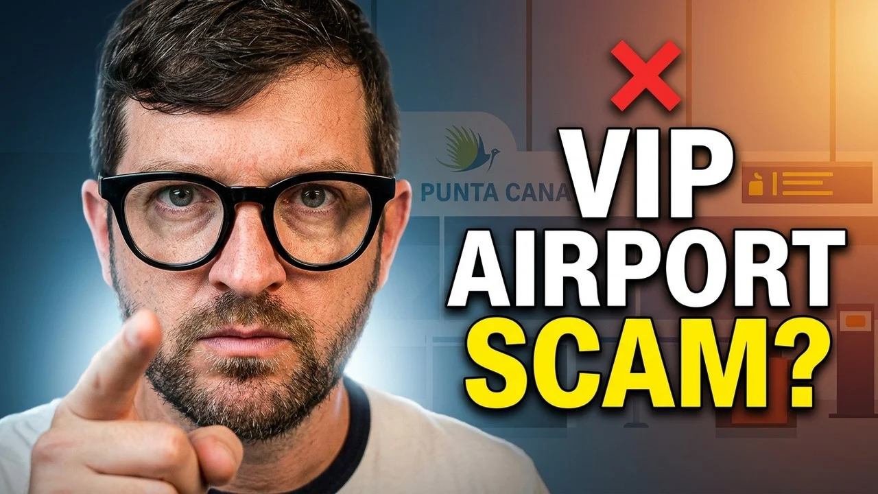 Alexander Karpetsky pointing at the camera beside the words VIP Airport Scam, over a Punta Cana airport backdrop