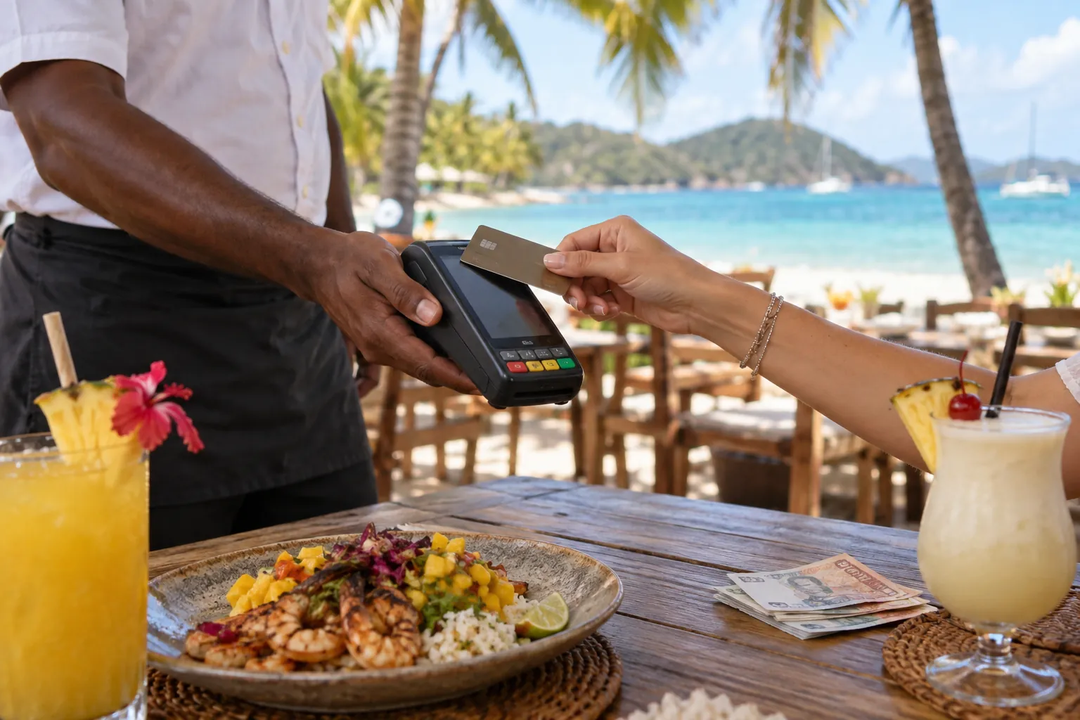 A waiter brings a portable card terminal to the table at a beach restaurant and the guest taps a contactless card, keeping it in sight (AI-generated illustration)