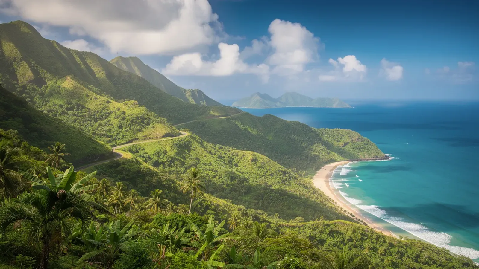 An elevated view of a lush green coastline with a curving beach and turquoise sea in the Dominican Republic