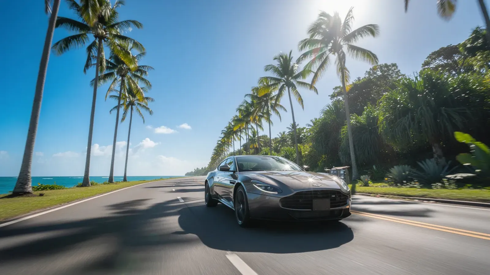A sleek sports car driving along a sunny palm-lined coastal road in Punta Cana