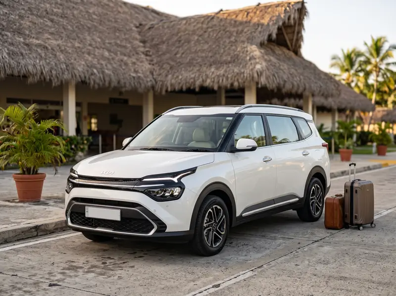 White Kia Carens 7-seater SUV waiting at the Punta Cana airport pick-up lane with suitcases