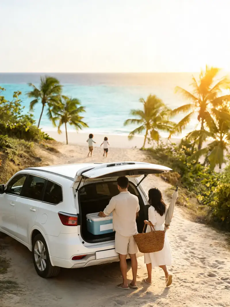Family unloading beach bags from the trunk of a white SUV above a Caribbean beach