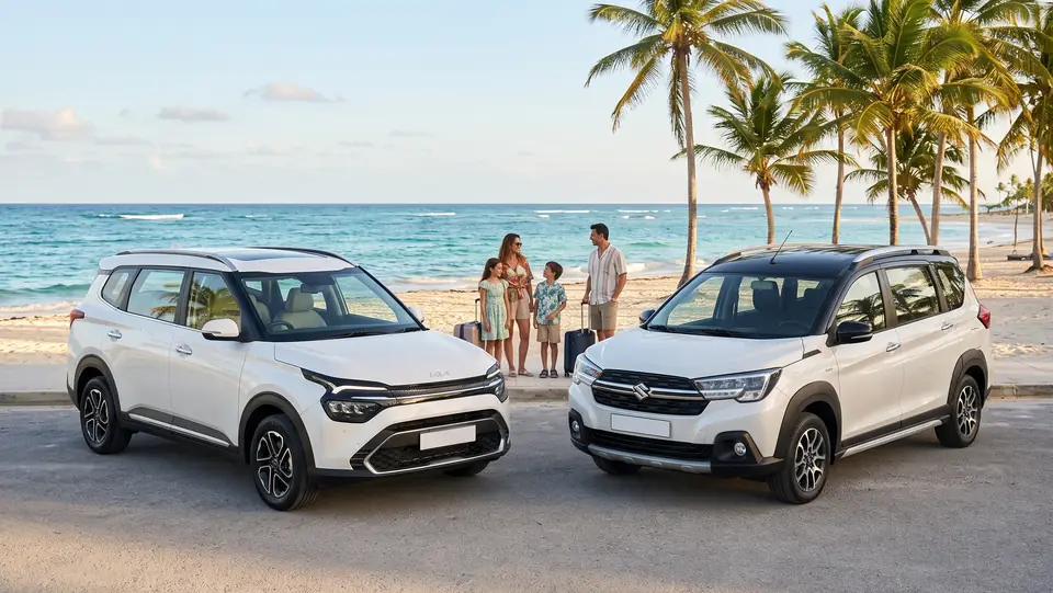Kia Carens and Suzuki XL7 Hybrid rental SUVs parked by a palm-lined beach in Punta Cana, a family with suitcases behind them