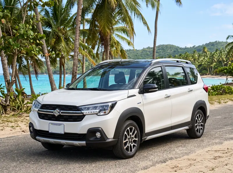 White Suzuki XL7 Hybrid 7-seater SUV with black roof on a coastal road in the Dominican Republic